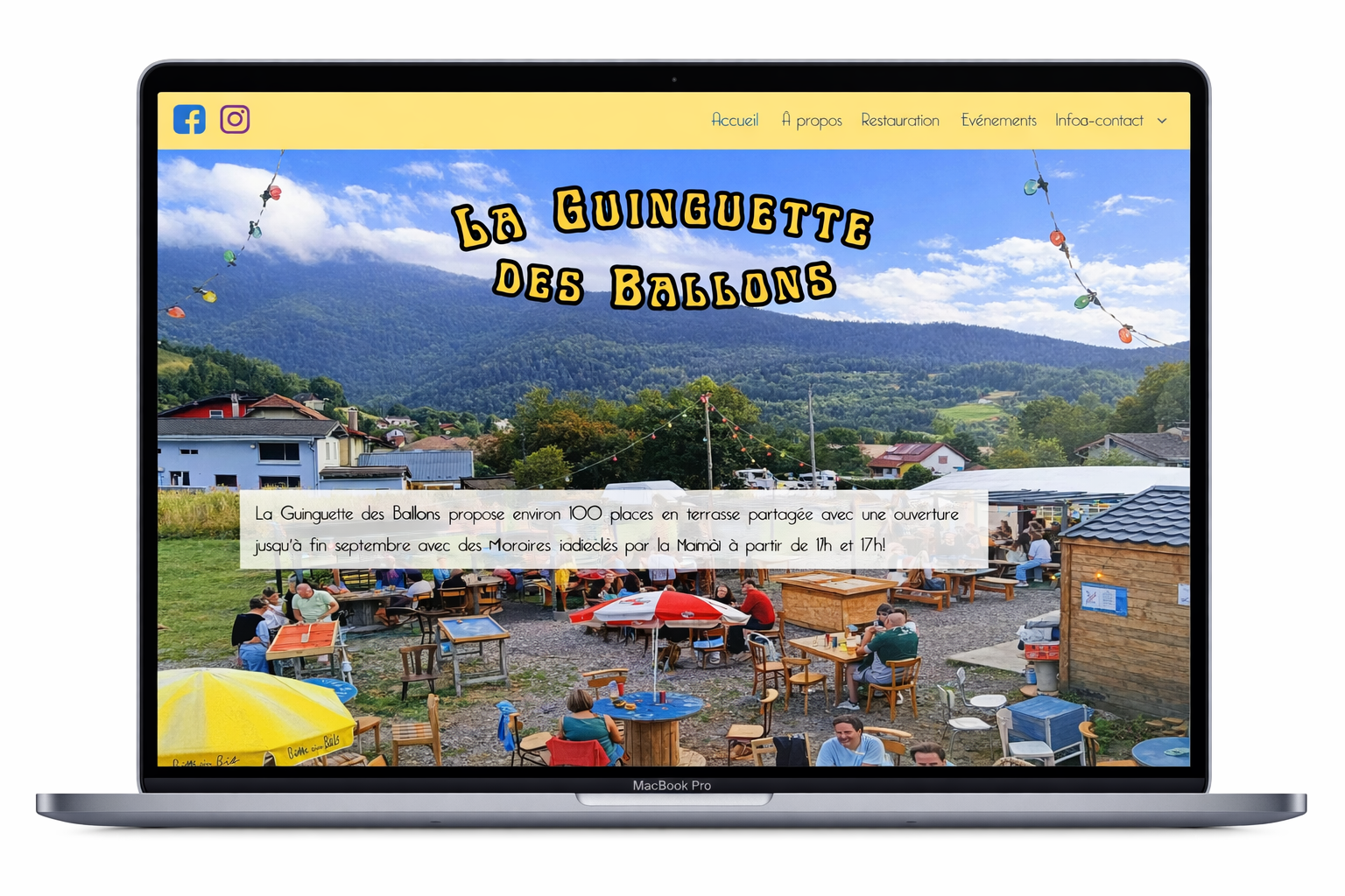 première page guinguette des ballons mockup sur un ordinateur portable